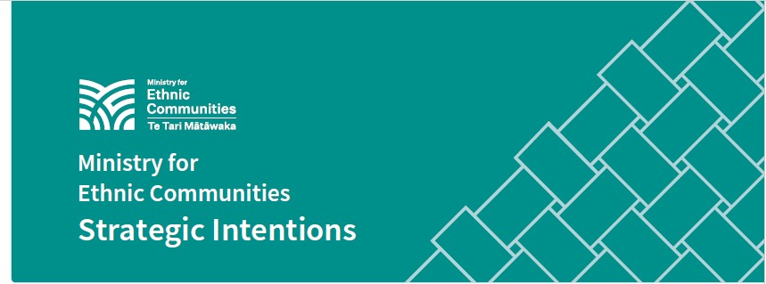 Image of the heading of the Ministry for Ethnic Communtiies Strategic Intentions section with a green background and a white flax weave in the bottom right hand corner
