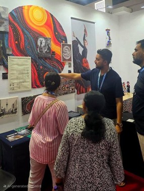 A volunteer explaining artwork to people