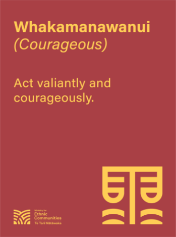 A4 image with a red background and yellow text that reads: Whakamanawanui (courageous): act valiantly and courageously.