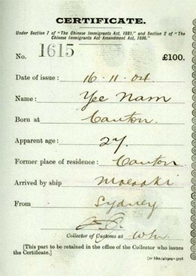 This poll tax certificate was issued to Yee Nam arriving in New Zealand in 1904.