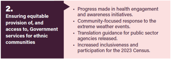 2. Ensuring equitable provision of, and access to, Government services for ethnic communities. Progress made in health engagement and awareness initiatives. Community-focused response to the extreme weather events. Translation guidance for public sector agencies released. Increased inclusiveness and participation for the 2023 Census.