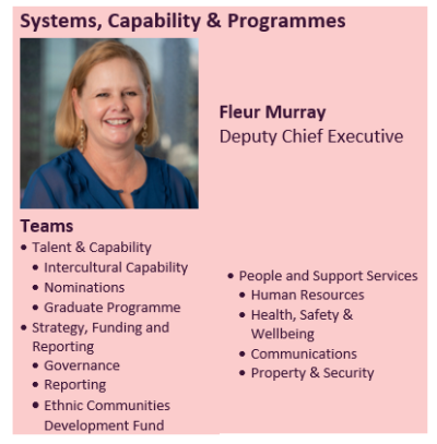 Systems, Capability and Programmes - Fleur Murray, Deputy Chief Executive Teams •	Talent &amp;amp;amp;amp;amp;amp;amp;amp;amp;amp;amp;amp;amp;amp;amp;amp;amp;amp;amp;amp;amp;amp;amp;amp;amp;amp; Capability •	Intercultural Capability •	Nominations •	Graduate Programme •	Strategy, Funding and Reporting •	Governance •	Reporting •	Ethnic Communities Development Fund	•	People and Support Services •	Human Resources •	Health, Safety &amp;amp;amp;amp;amp;amp;amp;amp;amp;amp;amp;amp;amp;amp;amp;amp;amp;amp;amp;amp;amp;amp;amp;amp;amp;amp; Wellbeing •	Communications •	Property &amp;amp;amp;amp;amp;amp;amp;amp;amp;amp;amp;amp;amp;amp;amp;amp;amp;amp;amp;amp;amp;amp;amp;amp;amp;amp; Security