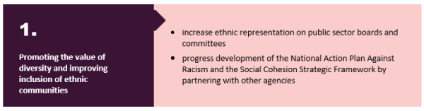 1. Promoting the value of diversity and improving inclusion of ethnic communities. •	increase ethnic representation on public sector boards and committees •	progress development of the National Action Plan Against Racism and the Social Cohesion Strategic Framework by partnering with other agencies